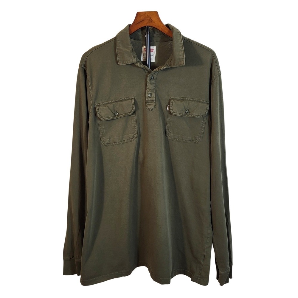Levis Mens XL Long Sleeve Polo Shirt Olive Green Cotton Utility Pocket